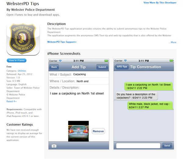 Image of a cell phone screen shot with a Police tip in the message